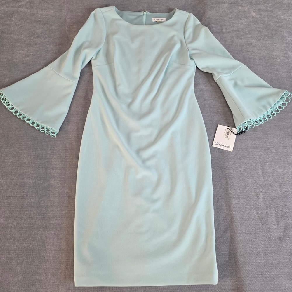 Calvin Klein Bell Sleeve Sheath Dress Womens 4P Aqua Blue Crochet Trim NWT